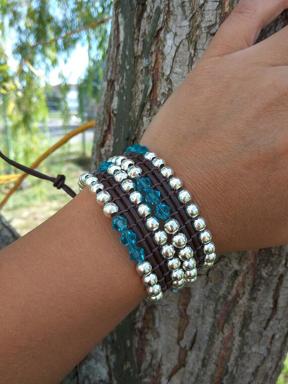 Zamak beaded leather wrap bracelet for woman Blue crystal Etsy