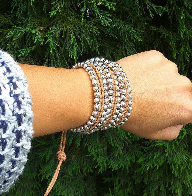 Triple Wrap Silver Beaded Bracelet Silver Woven Bracelet 3 Etsy UK
