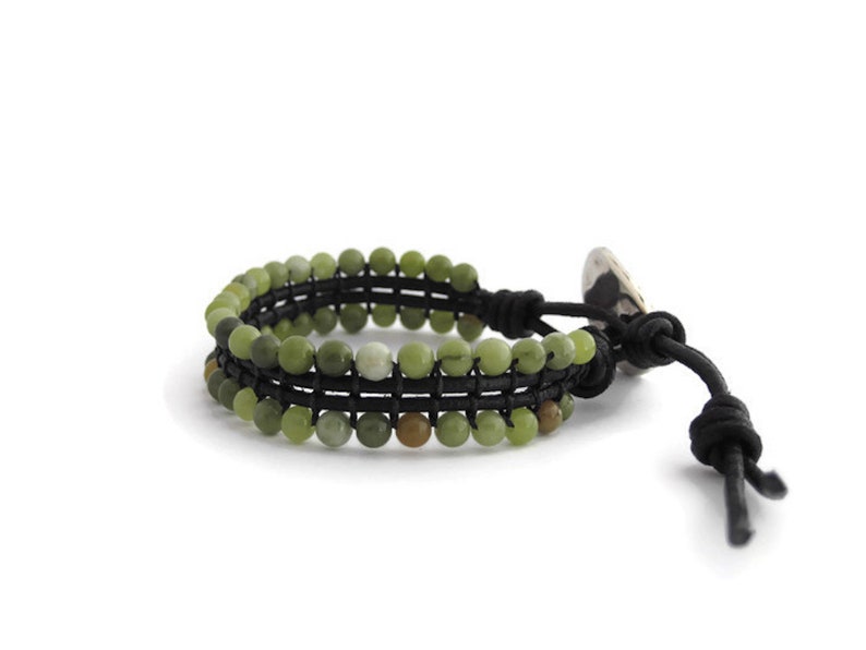 Green Jasper Bracelet for Woman and Men, Beaded Leather Bracelet, Boho Jasper Stone Bracelet, Unisex Stones Jewelry, Woven Gemstone Bracelet image 2