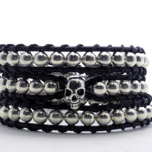 Three wraps bracelet with silver skull, Silvered beads bracelet with skull, Punk rock bracelet, Silvered wraps cuff image 4