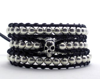 Woven Skull Bracelet with Silver Beads, Triple Wrap Bracelet, Stud Cuff Bracelet, Rock n roll lovers gift idea