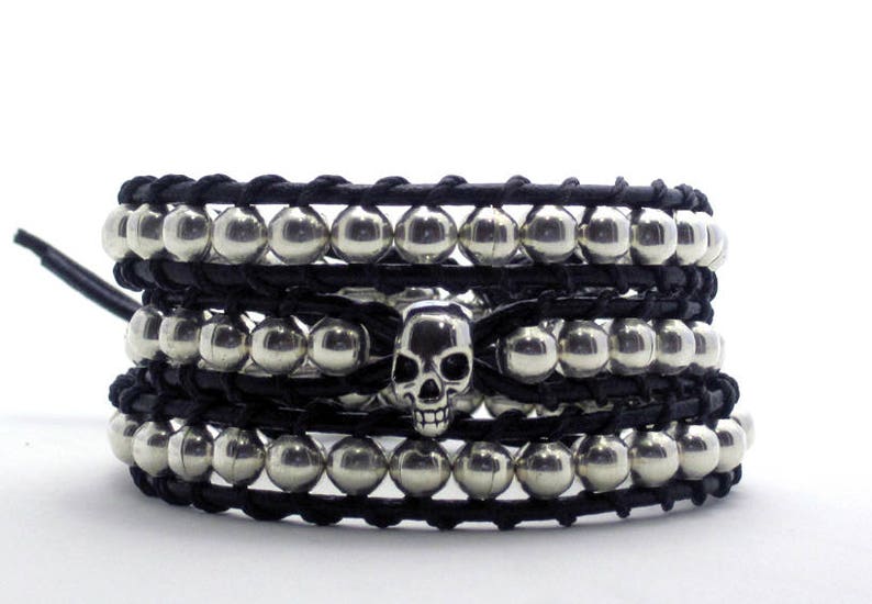 Three wraps bracelet with silver skull, Silvered beads bracelet with skull, Punk rock bracelet, Silvered wraps cuff image 4