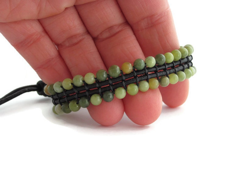 Green Jasper Bracelet for Woman and Men, Beaded Leather Bracelet, Boho Jasper Stone Bracelet, Unisex Stones Jewelry, Woven Gemstone Bracelet image 8