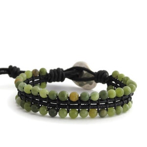 Green Jasper Bracelet for Woman and Men, Beaded Leather Bracelet, Boho Jasper Stone Bracelet, Unisex Stones Jewelry, Woven Gemstone Bracelet image 6