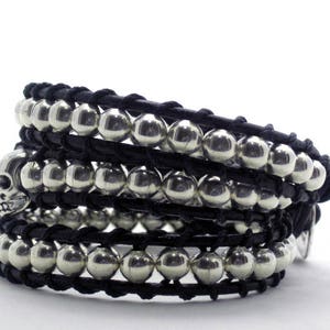 Three wraps bracelet with silver skull, Silvered beads bracelet with skull, Punk rock bracelet, Silvered wraps cuff image 5