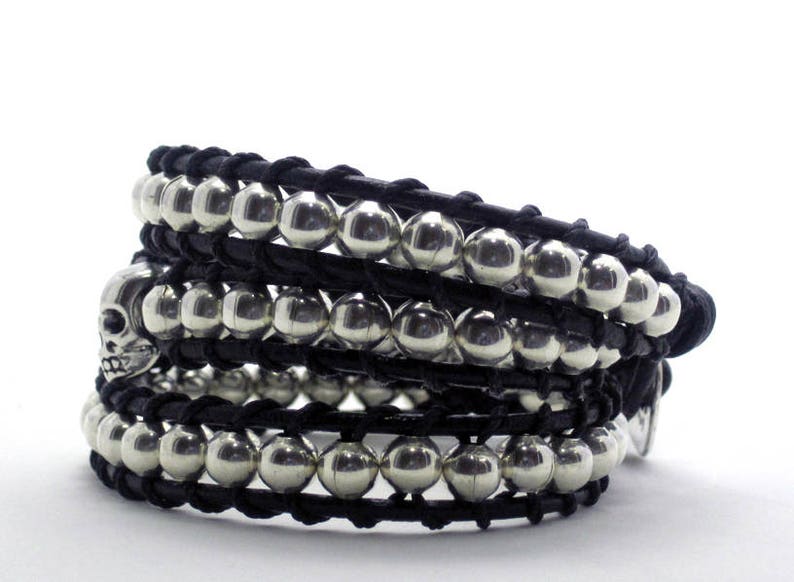 Three wraps bracelet with silver skull, Silvered beads bracelet with skull, Punk rock bracelet, Silvered wraps cuff image 5