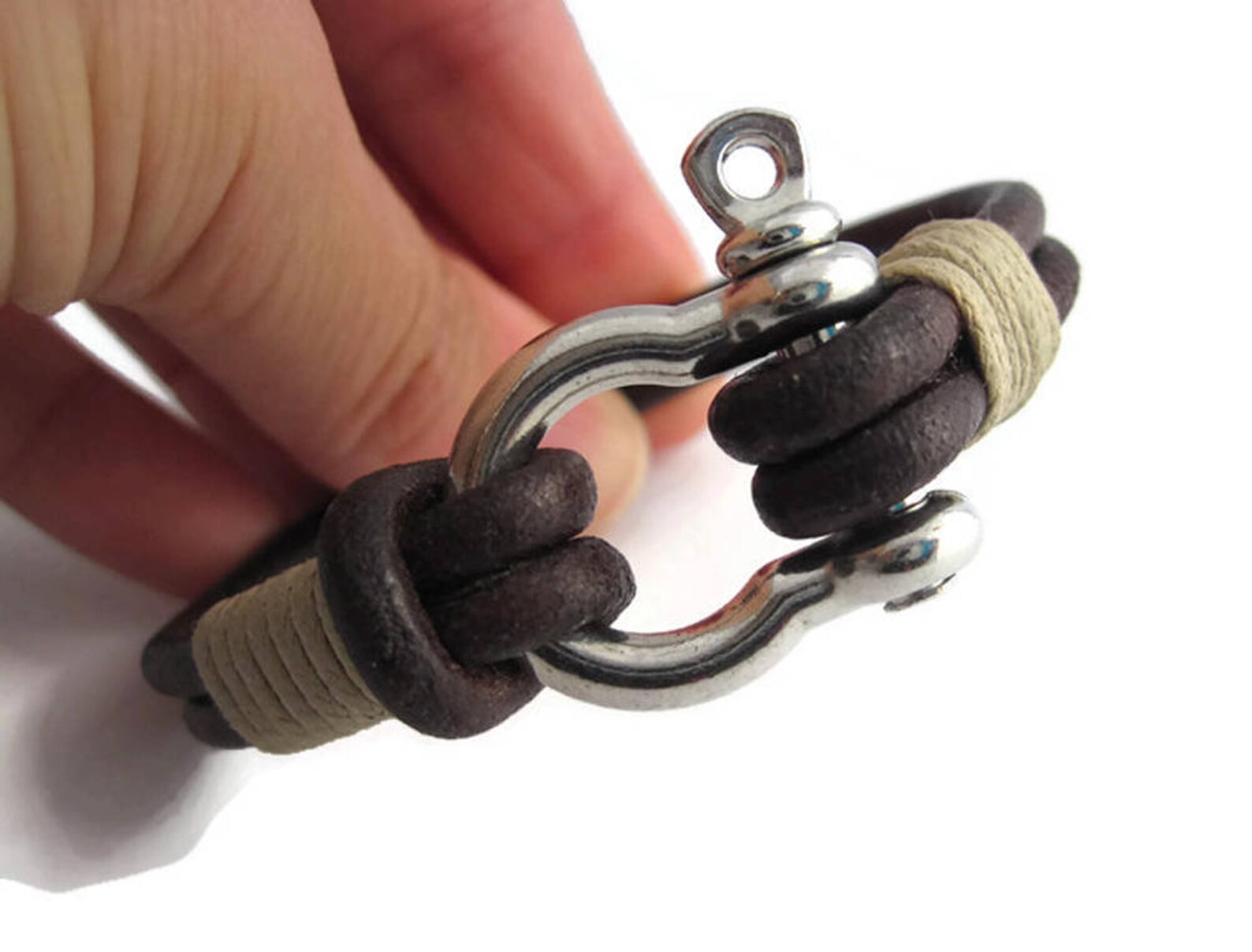 Shackle clasp leather bracelet Dark brown strand bracelet Etsy