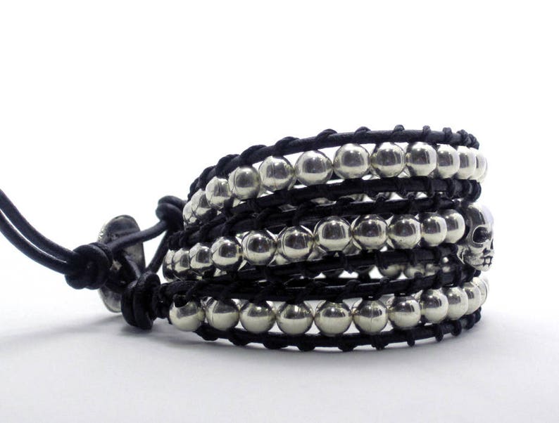 Three wraps bracelet with silver skull, Silvered beads bracelet with skull, Punk rock bracelet, Silvered wraps cuff image 6