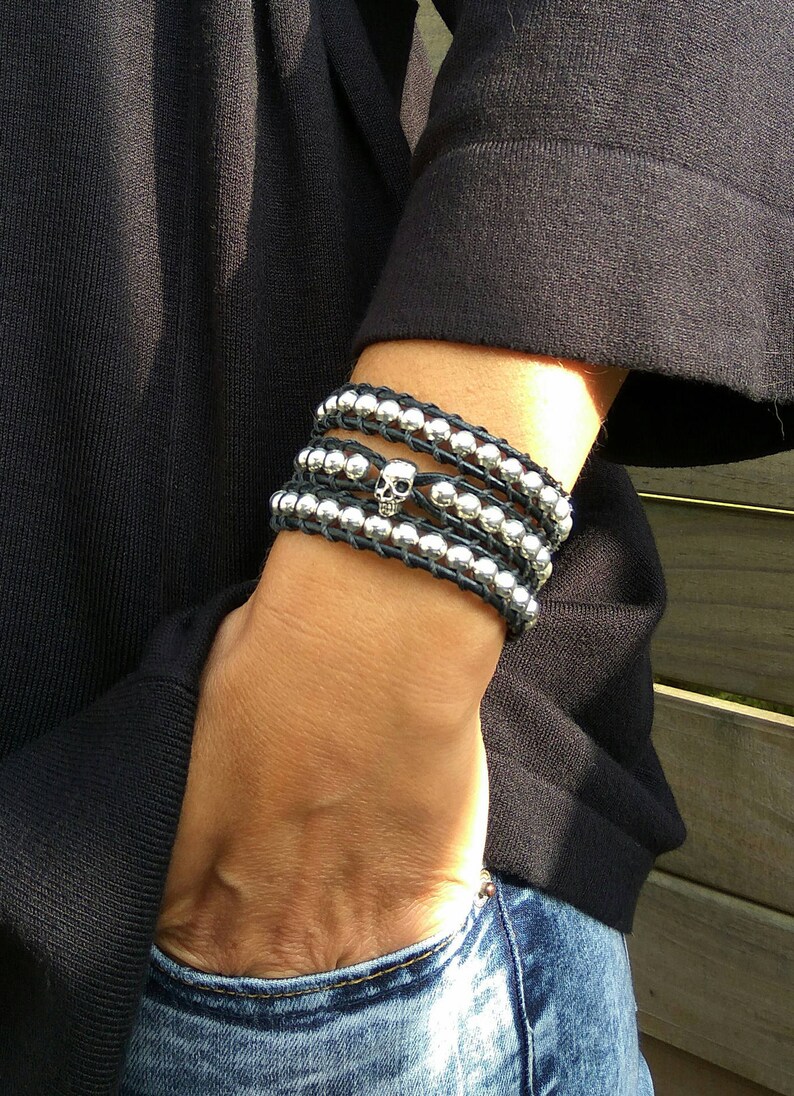Three wraps bracelet with silver skull, Silvered beads bracelet with skull, Punk rock bracelet, Silvered wraps cuff image 2