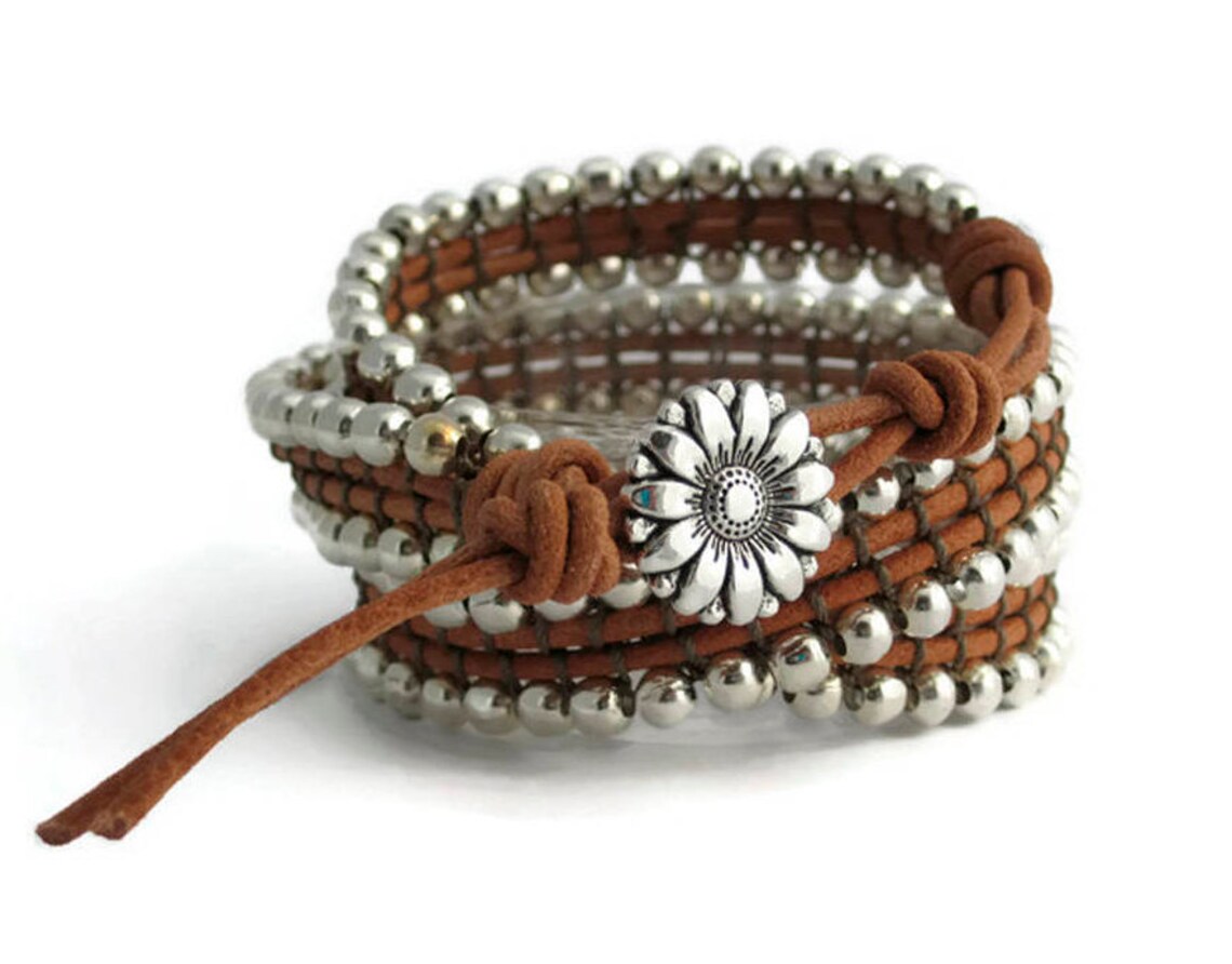 Triple Wrap Silver Beaded Bracelet Silver Woven Bracelet 3 Etsy UK