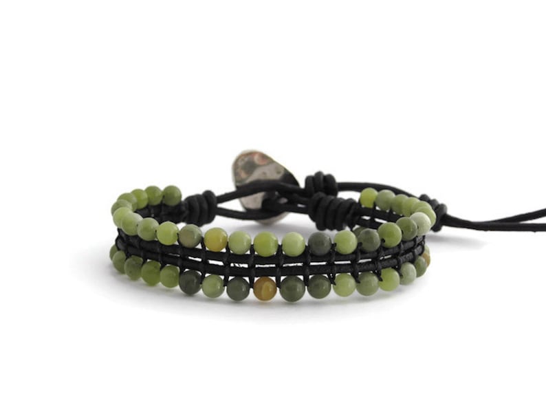 Green Jasper Bracelet for Woman and Men, Beaded Leather Bracelet, Boho Jasper Stone Bracelet, Unisex Stones Jewelry, Woven Gemstone Bracelet image 1