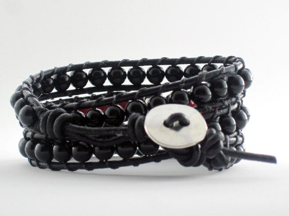 Leather Bracelet With Silver Skull Rock N Roll Bracelet Triple