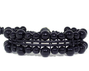 Black gemstone bracelet, Men onyx bracelet, Onyx stone bracelet, Woven beads bracelet, Bracelet stone bead, Unisex gift, Hippie men bracelet