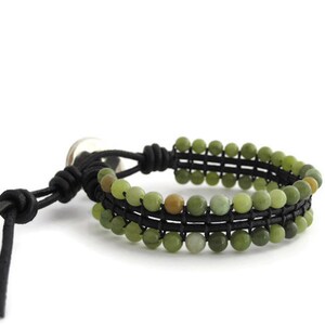 Green Jasper Bracelet for Woman and Men, Beaded Leather Bracelet, Boho Jasper Stone Bracelet, Unisex Stones Jewelry, Woven Gemstone Bracelet image 5