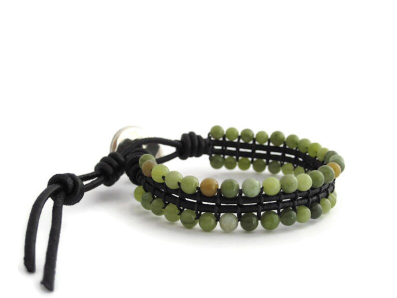 Green Jasper Bracelet for Woman and Men, Beaded Leather Bracelet, Boho Jasper Stone Bracelet, Unisex Stones Jewelry, Woven Gemstone Bracelet image 5