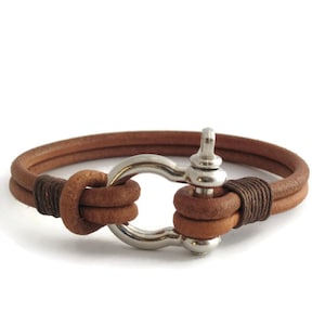 Leather bracelet with steel shackle for men, Nautical mens bangle, Mens leather jewelry