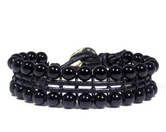 Black protection crystals bracelet for men, Black beads men bracelet, Stone leather bracelet, Onyx unisex bracelet, Yoga stone bracelet