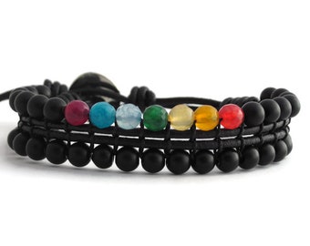 Schwarzes Armband mit Perlen der 7 Chakren für Frau und Mann, Yoga Armband mit Onyx Perlen, Schutzarmband, Heilkristall Armband