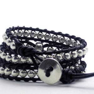 Three wraps bracelet with silver skull, Silvered beads bracelet with skull, Punk rock bracelet, Silvered wraps cuff image 7