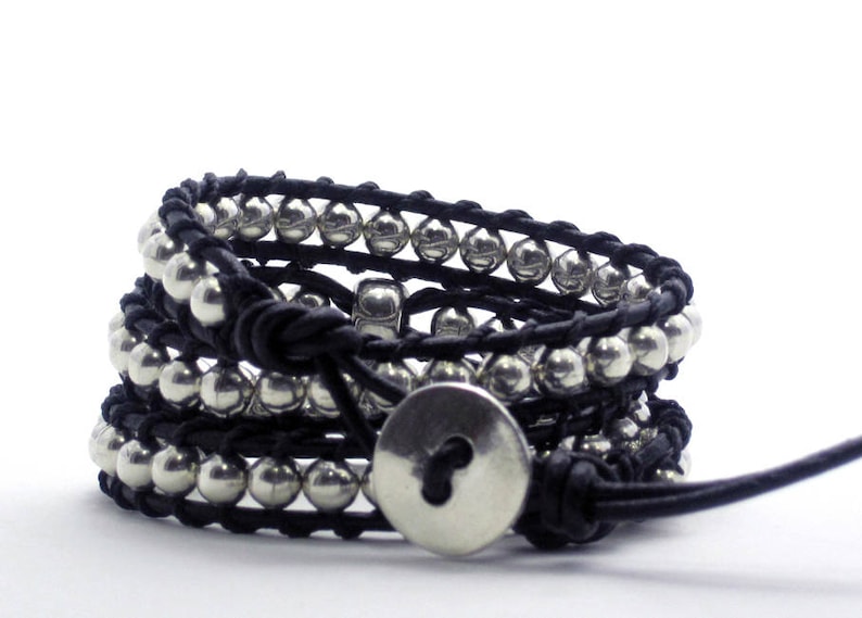 Three wraps bracelet with silver skull, Silvered beads bracelet with skull, Punk rock bracelet, Silvered wraps cuff image 7