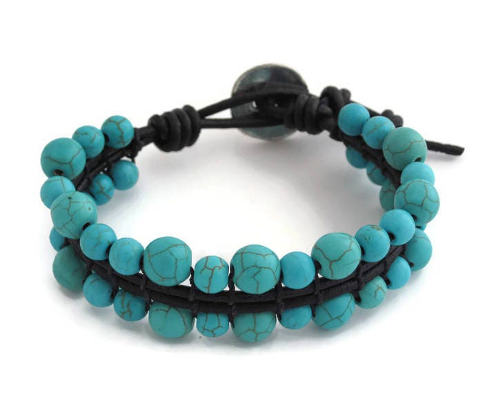 Turquoise Single Wrap Bracelet Black Leather Light Turquoise - Etsy