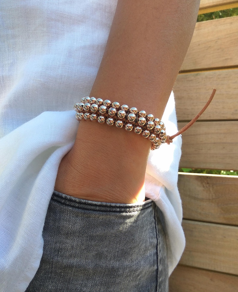 Rose gold trendy bracelet. Rose gold bracelet, Trendy beaded bracelet, Rose gold beads bracelet, 3 row woven bracelet, triple row bracelet image 1