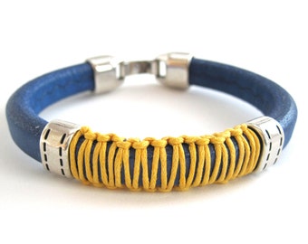 Trendy mens leather bracelet Blue yellow bracelet Woman men bracelet Genuine leather unisex bracelet Modern urban men bracelet Thick leather