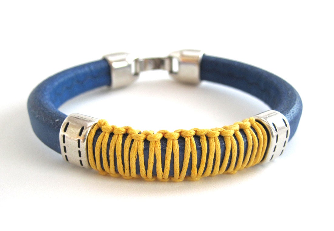 Trendy Mens Leather Bracelet Blue Yellow Bracelet Woman Men Bracelet