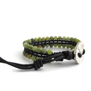Green Jasper Bracelet for Woman and Men, Beaded Leather Bracelet, Boho Jasper Stone Bracelet, Unisex Stones Jewelry, Woven Gemstone Bracelet image 3