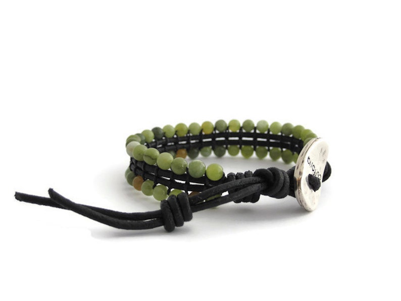 Green Jasper Bracelet for Woman and Men, Beaded Leather Bracelet, Boho Jasper Stone Bracelet, Unisex Stones Jewelry, Woven Gemstone Bracelet image 3