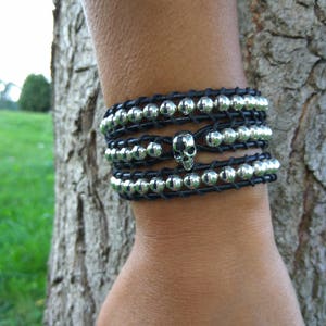 Three wraps bracelet with silver skull, Silvered beads bracelet with skull, Punk rock bracelet, Silvered wraps cuff image 1