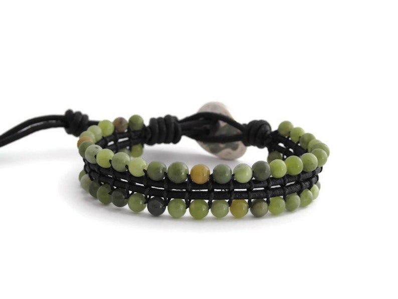 Green Jasper Bracelet for Woman and Men, Beaded Leather Bracelet, Boho Jasper Stone Bracelet, Unisex Stones Jewelry, Woven Gemstone Bracelet image 7