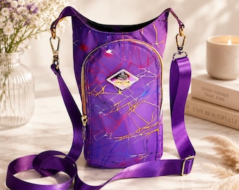 Rainbow Purple Spider Web Water Bottle Crossbody Bag | Adjustable Bottle Holder | Hands-Free Sling Bag | Phone Pocket | Gothic Gift
