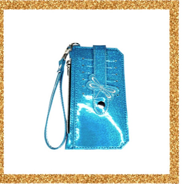Slim Embroidered Women's Wristlet/ Fun Turquoise Glitter Wallet/Travel Card Holder/ Money Holder