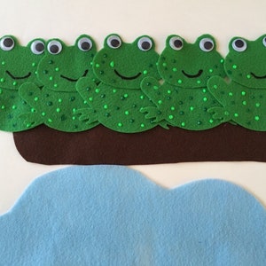 May include: Five green felt frogs with googly eyes are sitting on a brown felt log. A blue felt pond is below the log.