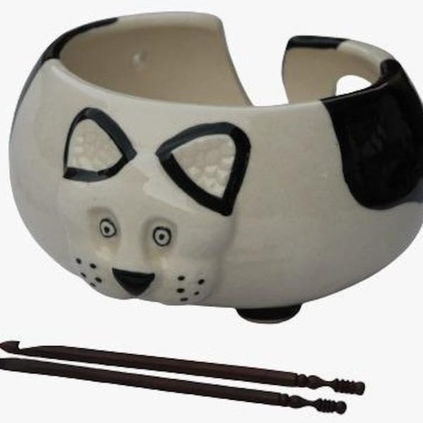 Ceramic Yarn Bowl Large 7in x 4in for Knitting and Crocheting with Free Travel Pouch and Crochet Hooks
