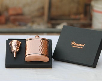 Copper Flask with Pouring Funnel 9oz Drinking Flask Hammered Finish, Leakproof Hip Flask with Screw On Lid, Gifts for Men and Women