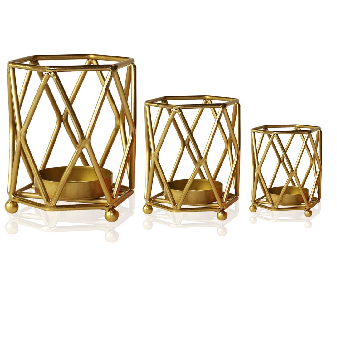 Gold Metal Candle Holder Set: Geometric Home Decor, Set of 3 - Etsy
