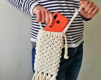 Macrame Fringe Crossbody Bag, Boho Phone Holder, Adjustable Handle
