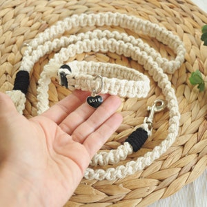 May include: A white cotton rope dog collar and lead set with black accents. The collar has a heart-shaped charm that says "LOVE".