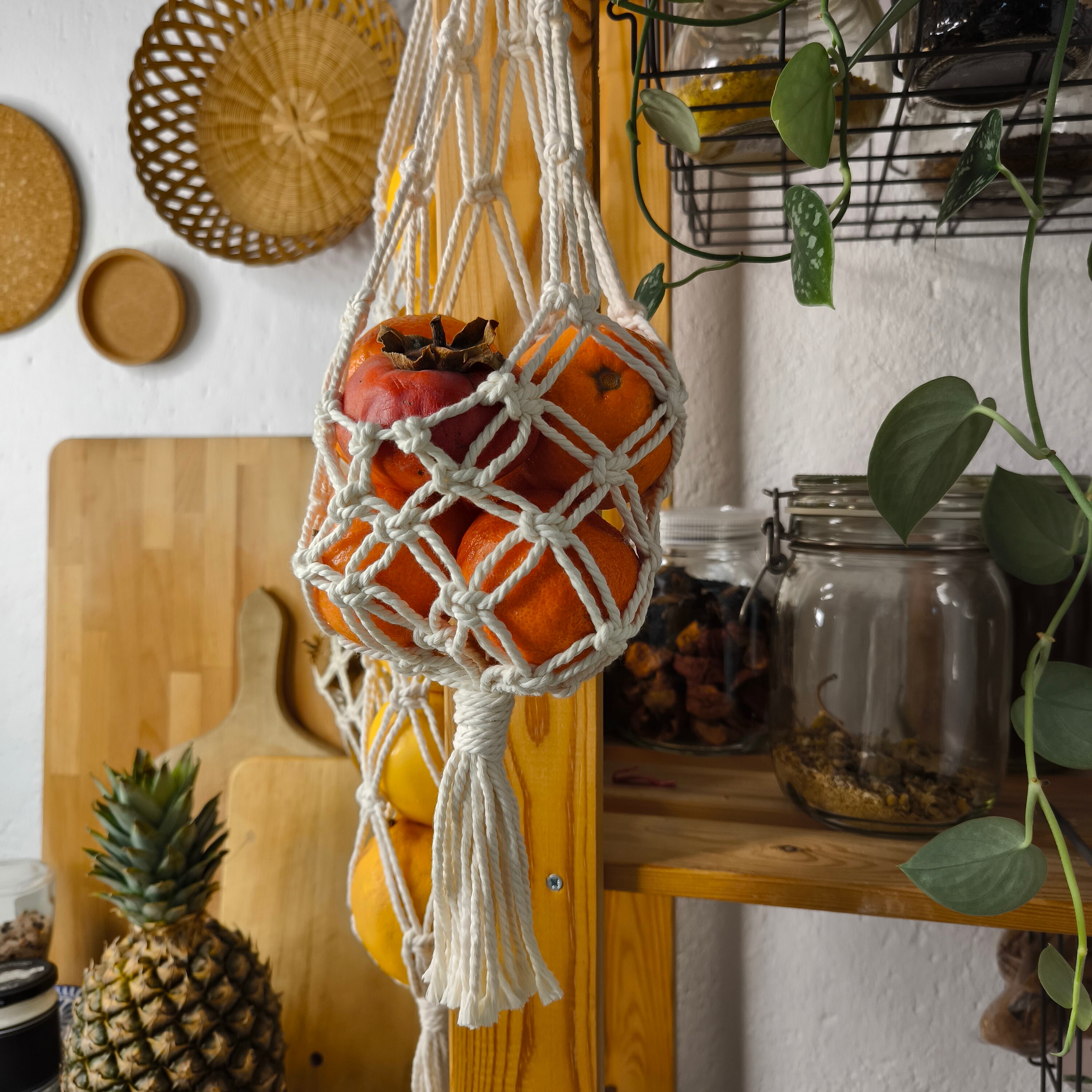 Panier à Fruits Suspendu En Coton à 3 Niveaux | Rangement Cuisine Bohème, Macramé, Organisateur Mural Pour Fruits Et Légumes