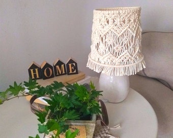 Macramé tafellamp, boho katoenen lampenkap, dimbare nachtkastjelamp