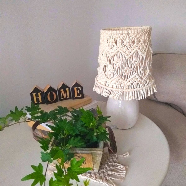 Lamp for Table with Macrame Lamp Shade, Small Macrame Lamp, Nightstand Dimmable Cotton Lampshade