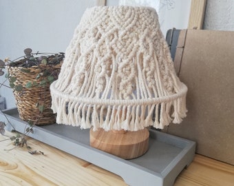Macrame Table Lamp with Wood Base, Earth Tone Decor