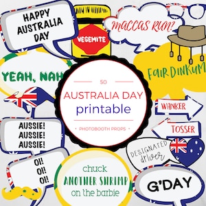 Peut inclure: Un ensemble de 50 accessoires de photomaton imprimables pour la fête nationale australienne. Les accessoires présentent de l'argot australien, des symboles et des images, notamment un kangourou, du Vegemite et l'expression « G'day ».
