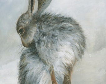 Print | Giclee | 17 x 14 inches | Mountain Hare 4 | Oil Painting | Snow | Wildlife | Gift for Animal Lover | Fine Art | Bunny | Rabbit
