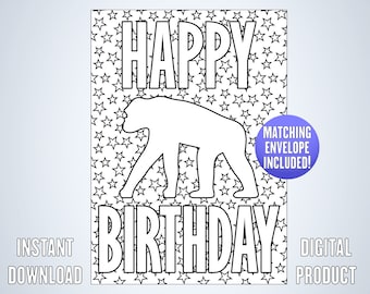 Happy Birthday Space Chimp Coloring Card, ausdruckbare Schimpansen Geburtstagskarte, Schimpansen Malseite, Affe Geschenk, Regenbogen Sterne