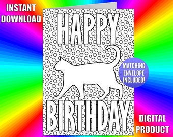 Happy Birthday Cat Coloring Card, printable cat birthday card, kitten coloring page, kitten gift, kitty art, kitty party favor, polka dot