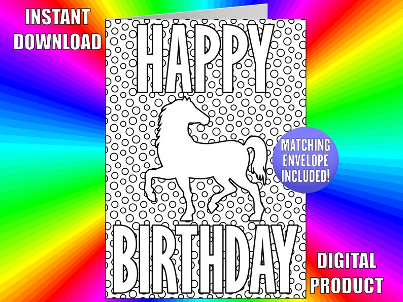 Happy Birthday Horse Coloring Card, Printable Horse Birthday Card, Pony ...
