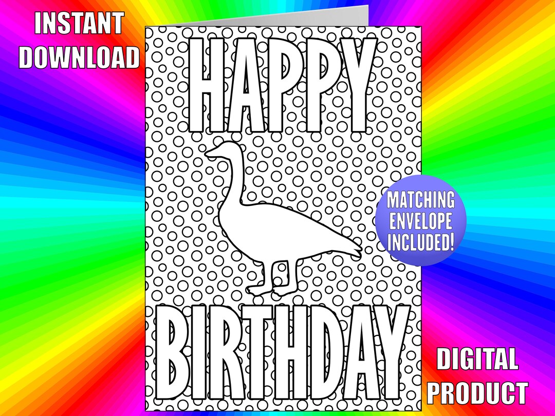 Happy Birthday Goose Coloring Card, Printable Goose Birthday Card, Farm